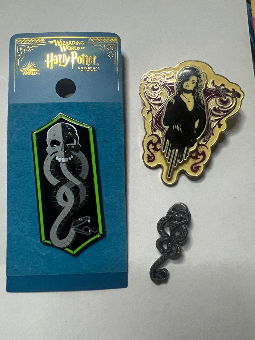 Death Eater pin set with glow in the dark Bellatrix Lestrange pin.